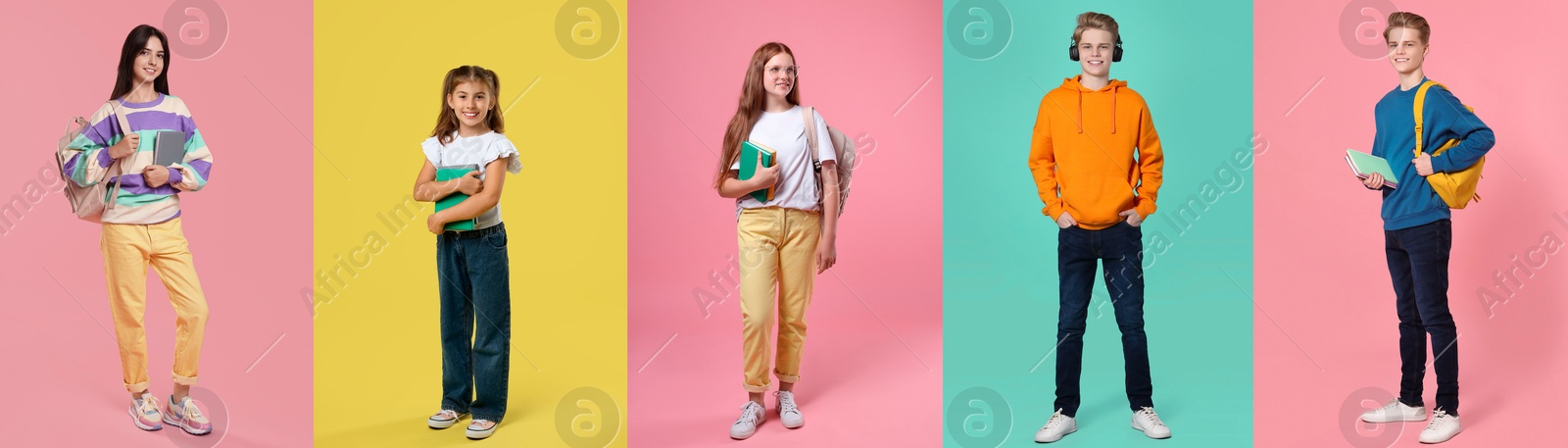 Image of Teenagers on different colors backgrounds. Collage of portraits