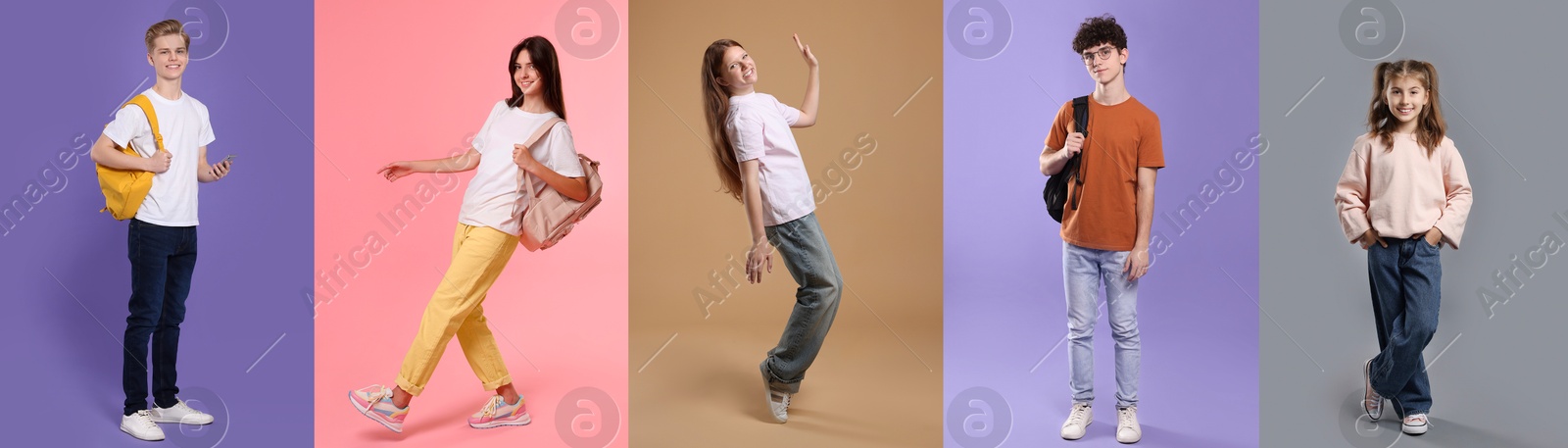 Image of Teenagers on different colors backgrounds. Collage of portraits