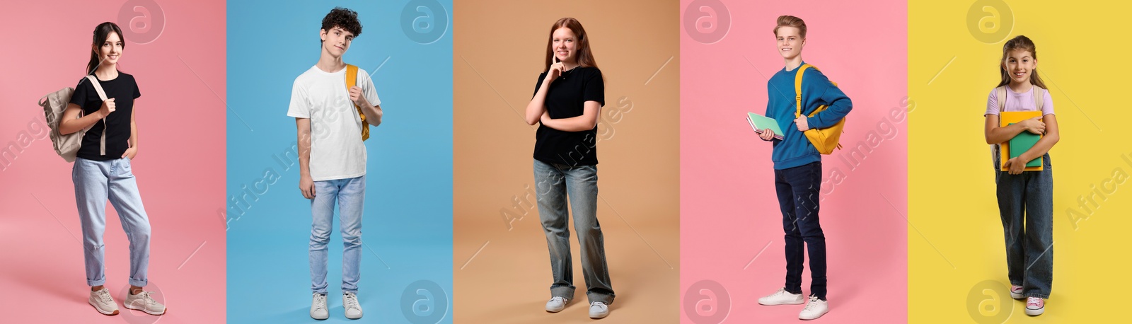 Image of Teenagers on different colors backgrounds. Collage of portraits