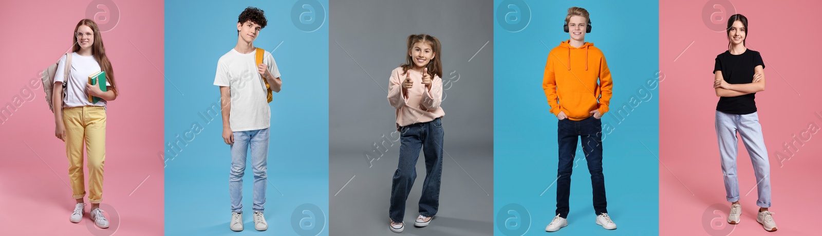 Image of Teenagers on different colors backgrounds. Collage of portraits