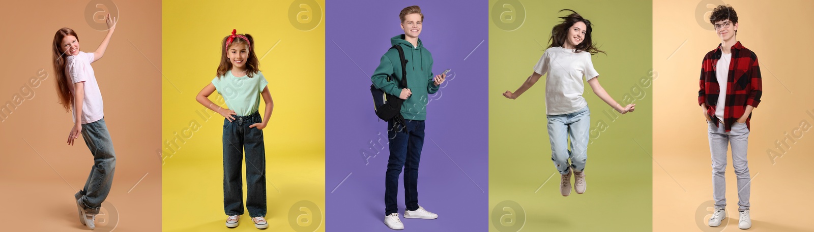 Image of Teenagers on different colors backgrounds. Collage of portraits