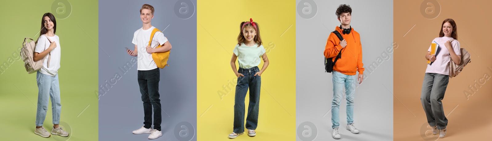 Image of Teenagers on different colors backgrounds. Collage of portraits