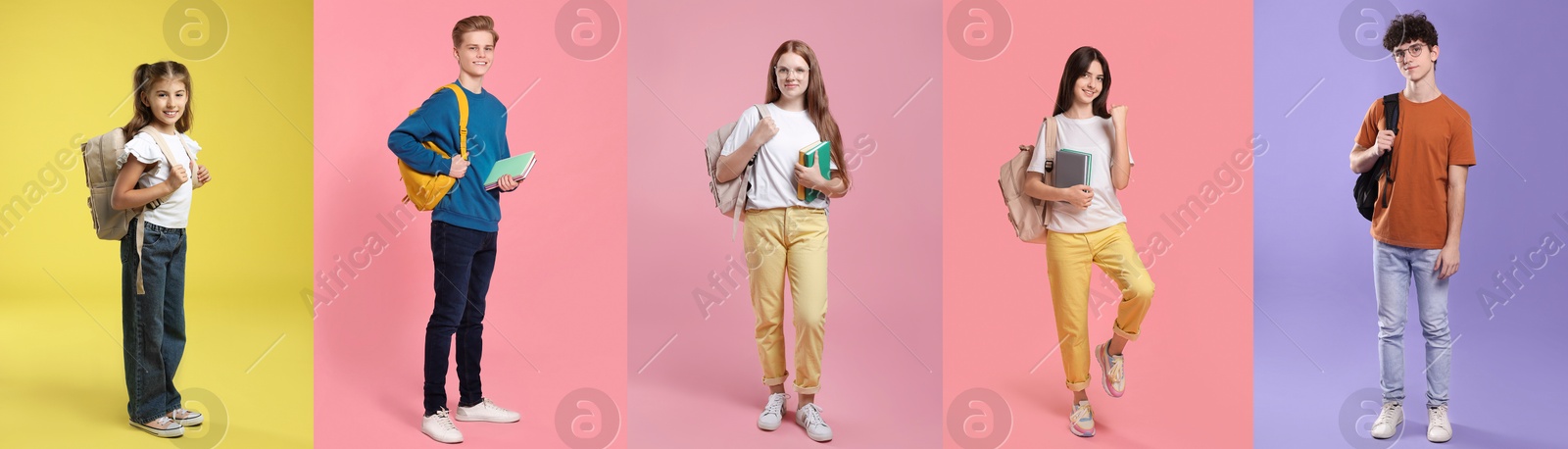 Image of Teenagers on different colors backgrounds. Collage of portraits