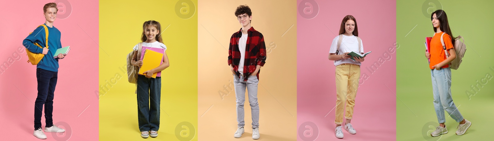 Image of Teenagers on different colors backgrounds. Collage of portraits