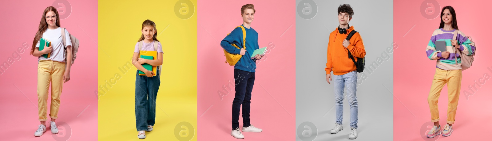 Image of Teenagers on different colors backgrounds. Collage of portraits