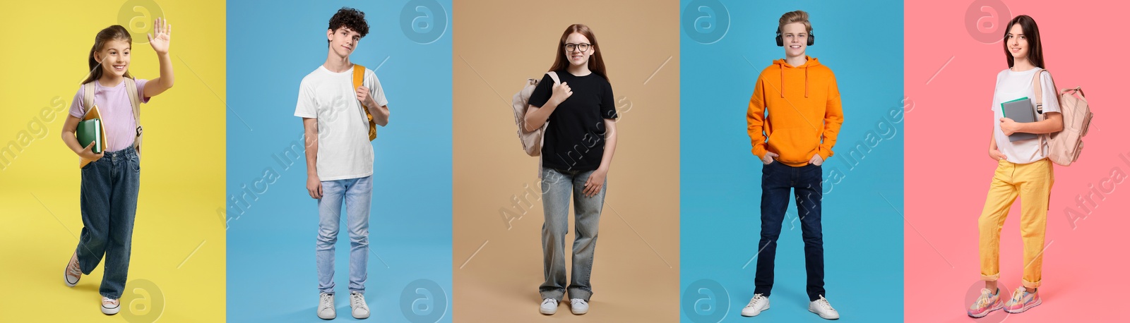 Image of Teenagers on different colors backgrounds. Collage of portraits