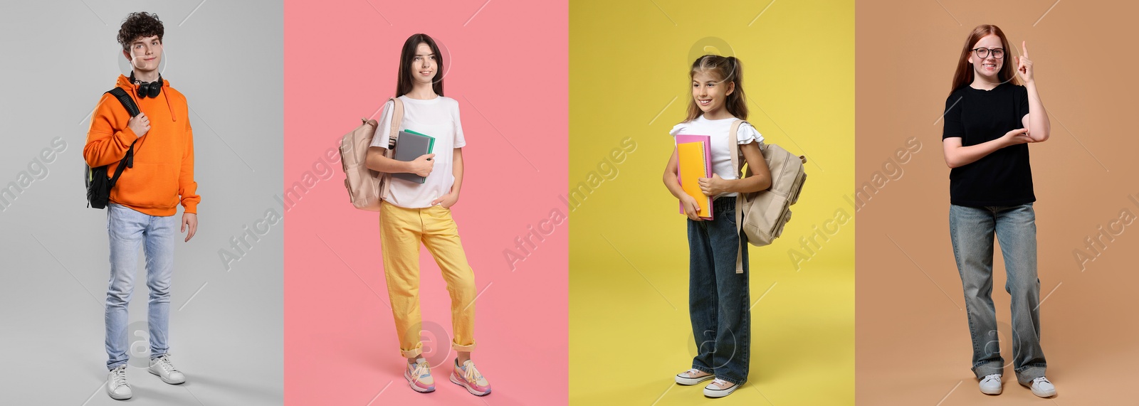 Image of Teenagers on different colors backgrounds. Collage of portraits