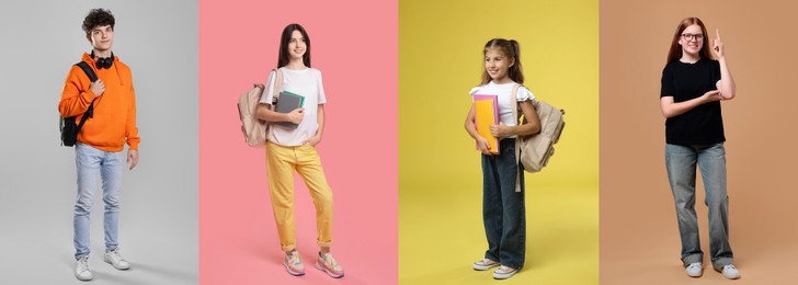 Image of Teenagers on different colors backgrounds. Collage of portraits