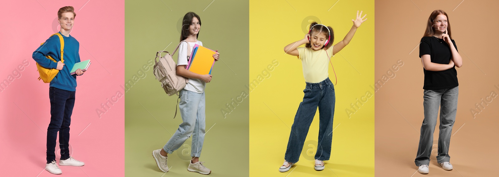 Image of Teenagers on different colors backgrounds. Collage of portraits