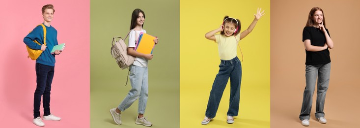 Image of Teenagers on different colors backgrounds. Collage of portraits