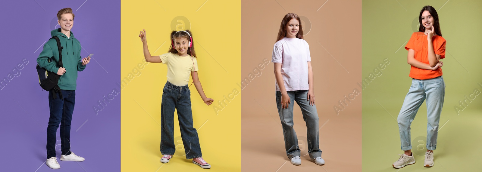 Image of Teenagers on different colors backgrounds. Collage of portraits