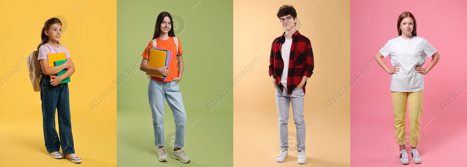 Image of Teenagers on different colors backgrounds. Collage of portraits