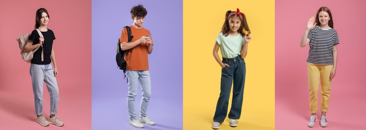 Image of Teenagers on different colors backgrounds. Collage of portraits