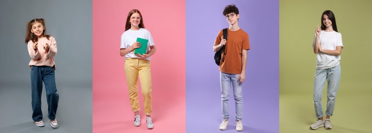 Image of Teenagers on different colors backgrounds. Collage of portraits