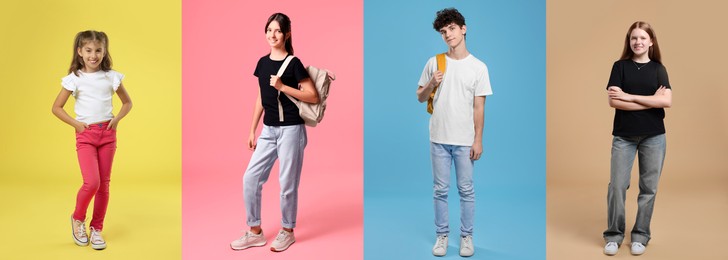 Image of Teenagers on different colors backgrounds. Collage of portraits