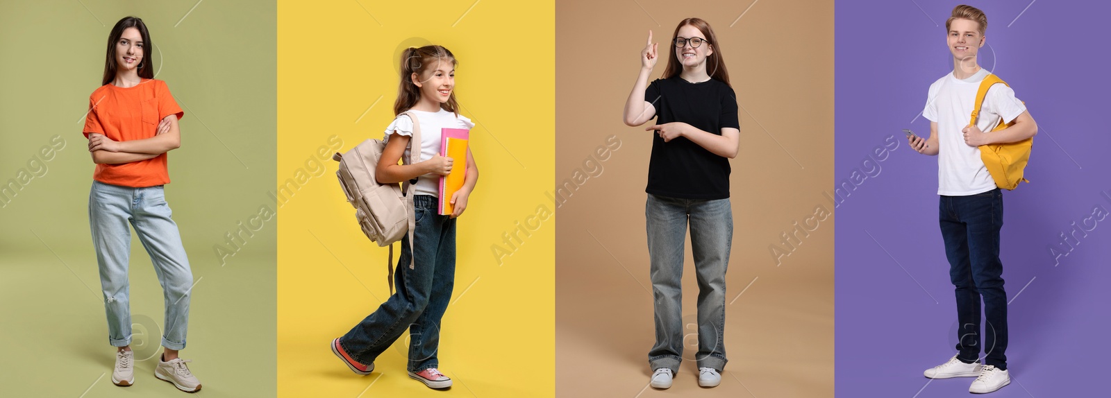 Image of Teenagers on different colors backgrounds. Collage of portraits