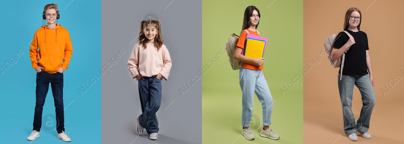 Image of Teenagers on different colors backgrounds. Collage of portraits