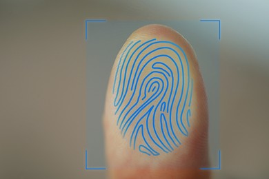 Image of Man scanning fingerprint, closeup. Friction ridges pattern