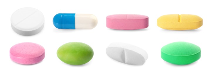 Image of Set of different antibiotic pills isolated on white