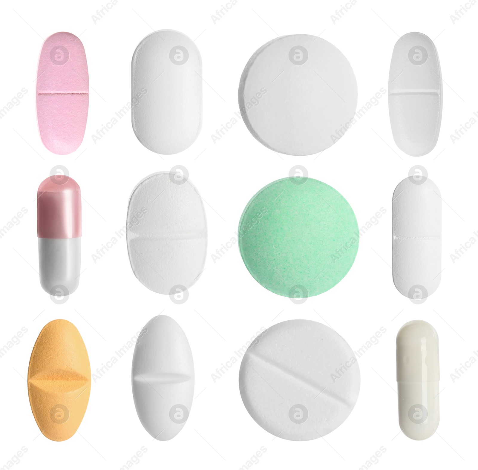 Image of Set of different antibiotic pills isolated on white