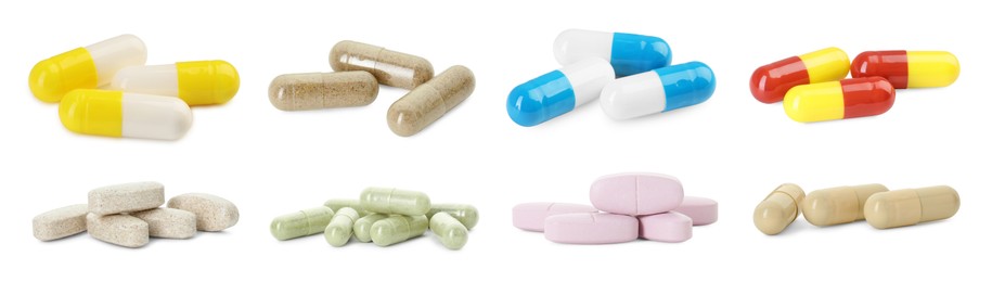 Image of Set of different antibiotic pills isolated on white