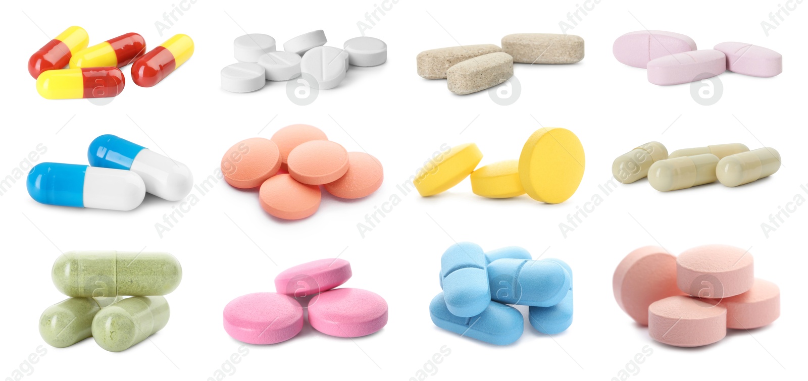 Image of Set of different antibiotic pills isolated on white