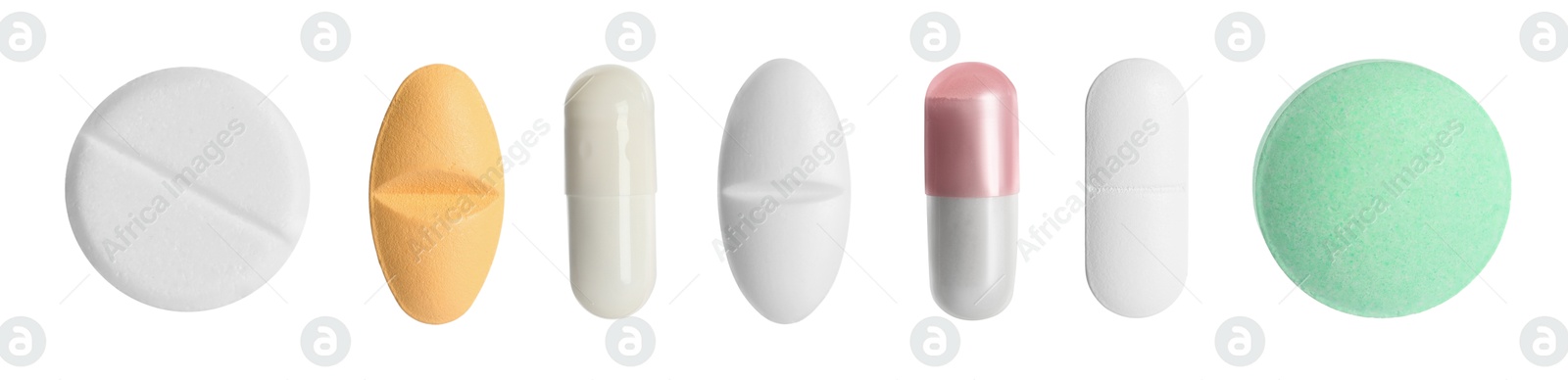 Image of Set of different antibiotic pills isolated on white