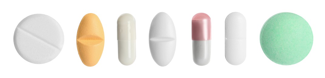 Image of Set of different antibiotic pills isolated on white