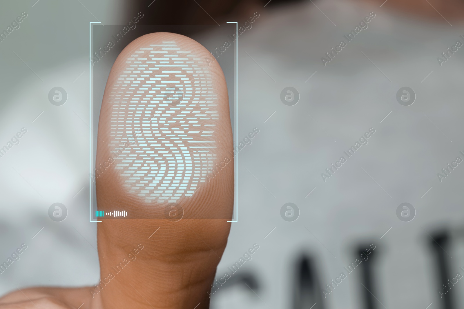 Image of Woman pressing finger to surface showing friction ridges pattern, closeup. Scanning fingerprint