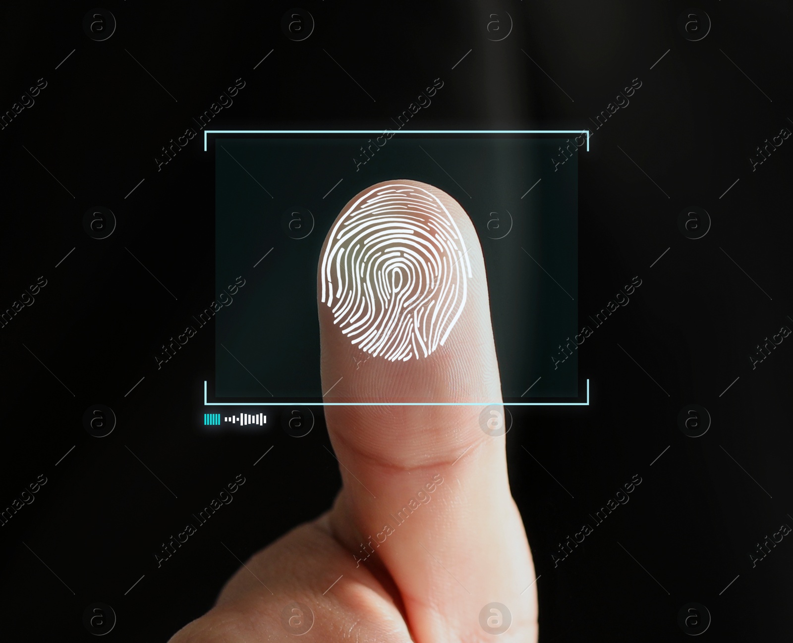 Image of Man pressing finger to surface showing friction ridges pattern, closeup. Scanning fingerprint