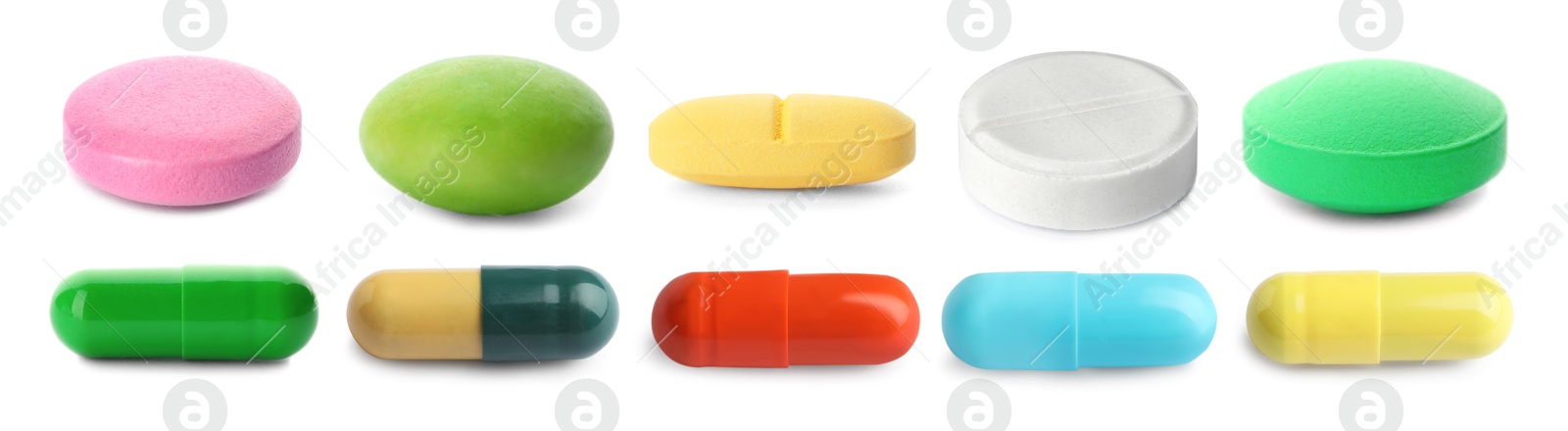 Image of Set of different antibiotic pills isolated on white