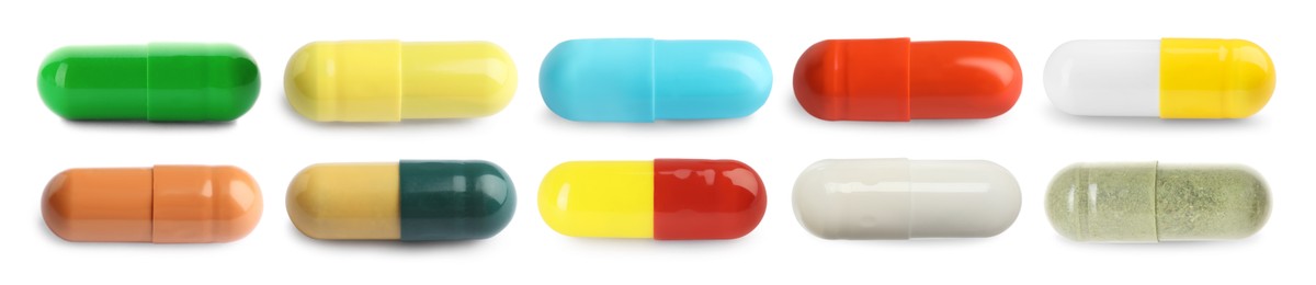 Image of Set of different antibiotic pills isolated on white