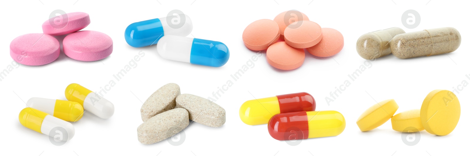 Image of Set of different antibiotic pills isolated on white