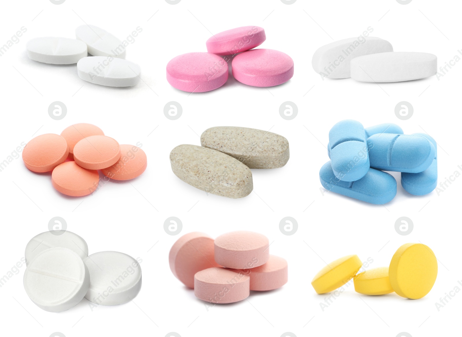 Image of Set of different antibiotic pills isolated on white