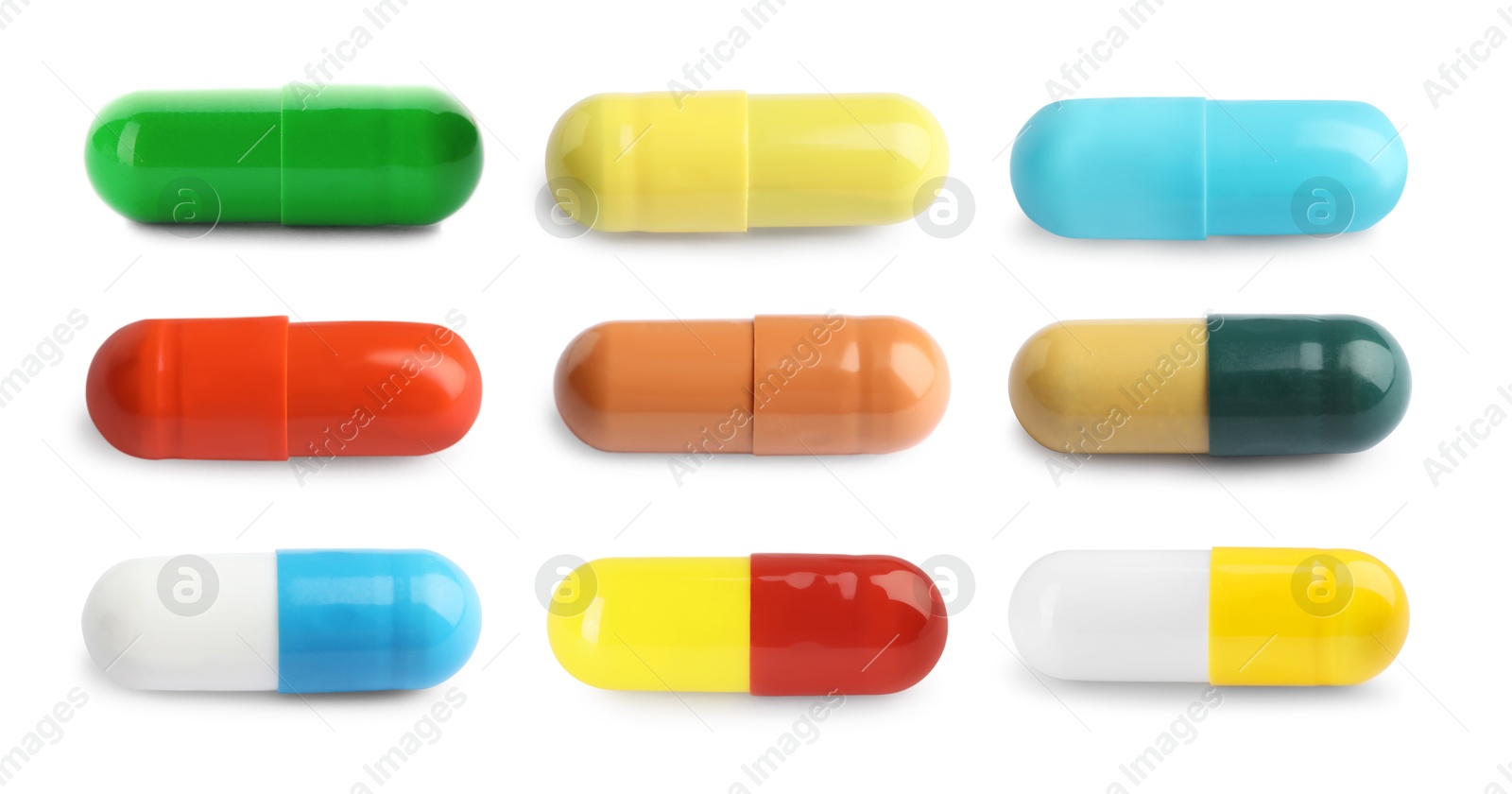 Image of Set of different antibiotic pills isolated on white