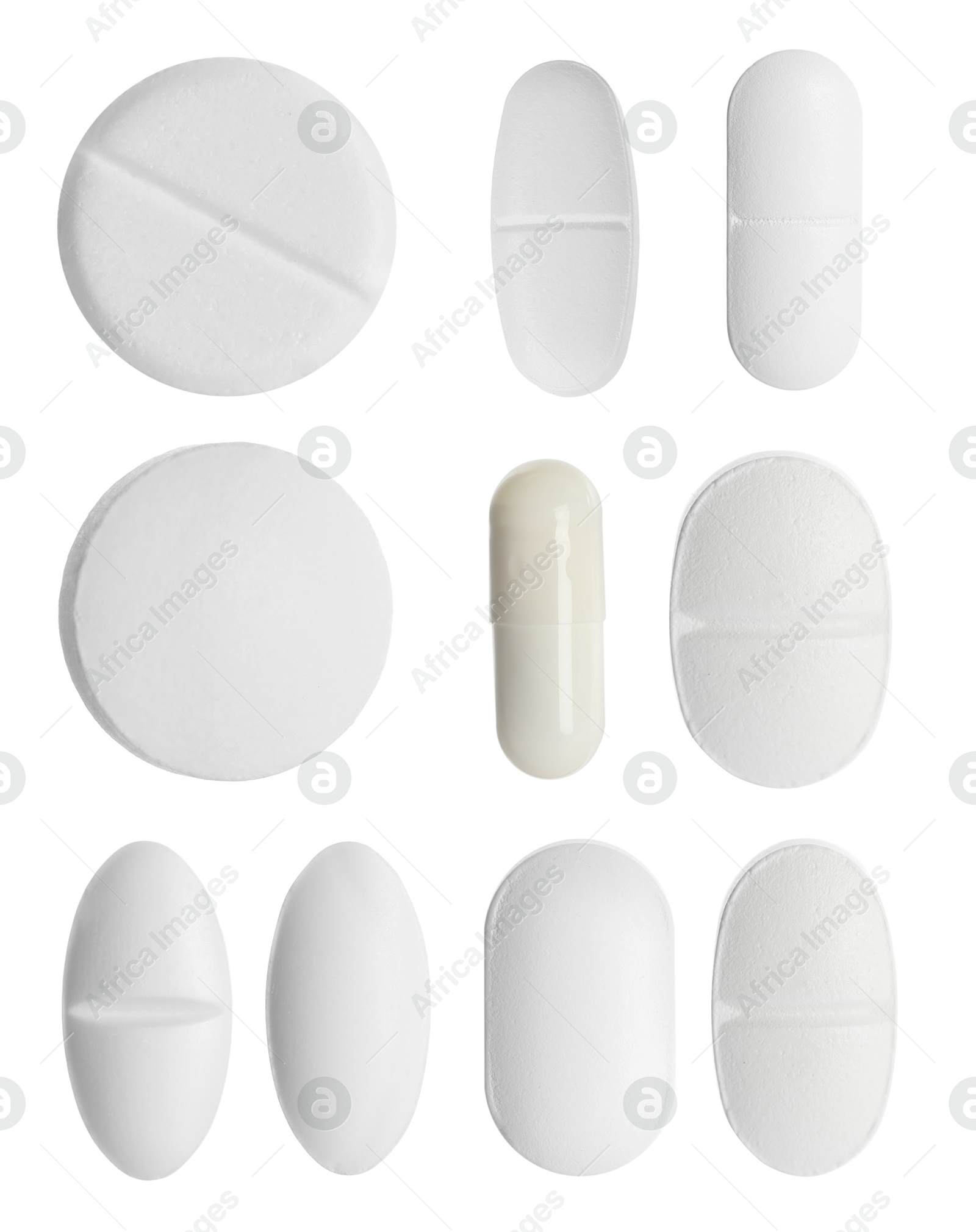 Image of Set of different antibiotic pills isolated on white