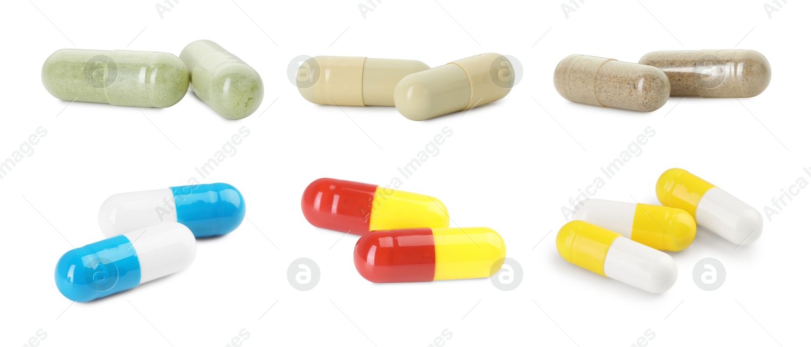 Image of Set of different antibiotic pills isolated on white