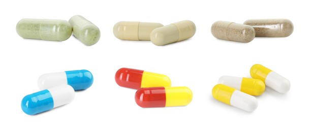 Image of Set of different antibiotic pills isolated on white