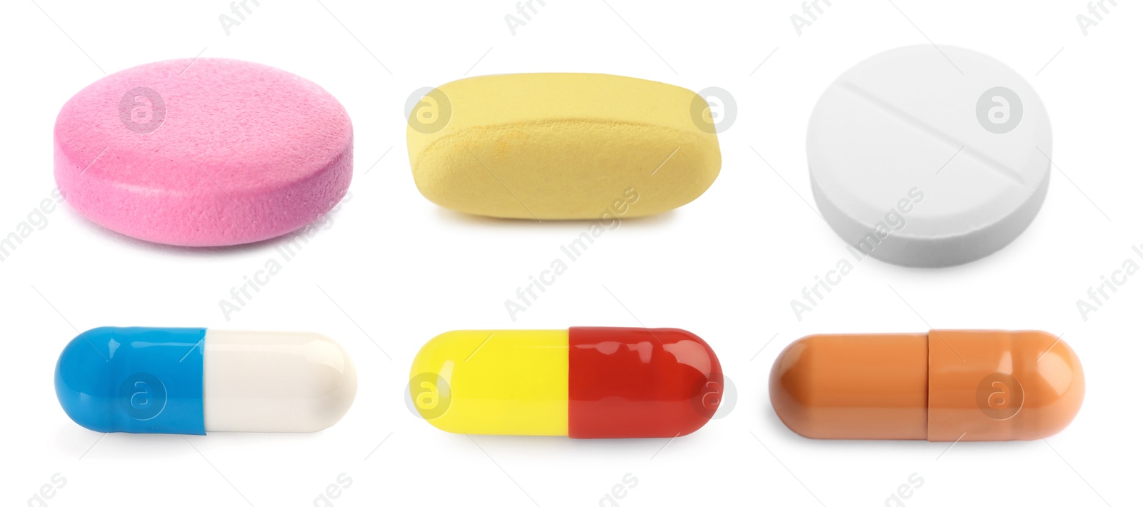 Image of Set of different antibiotic pills isolated on white