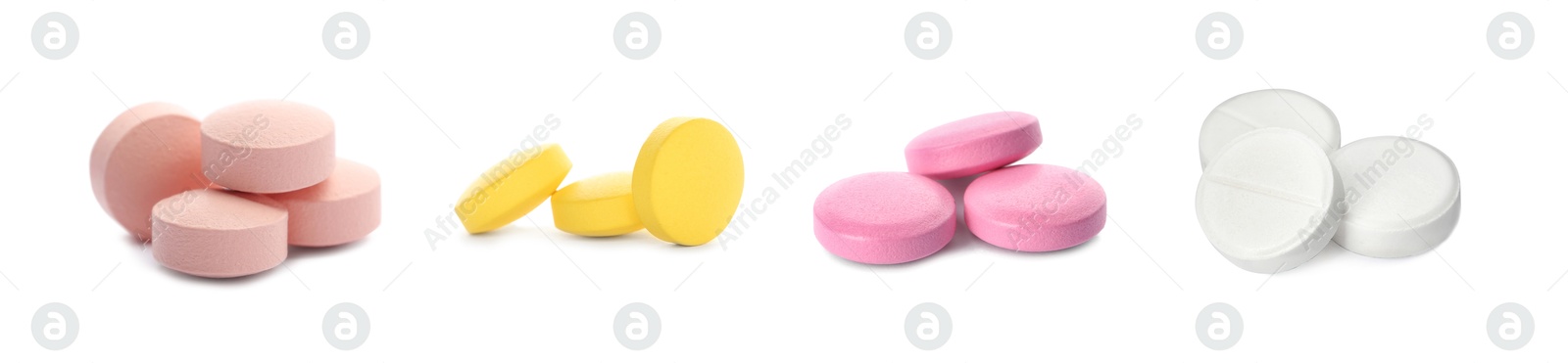 Image of Set of different antibiotic pills isolated on white