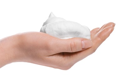 Photo of Woman with bath foam on white background, closeup