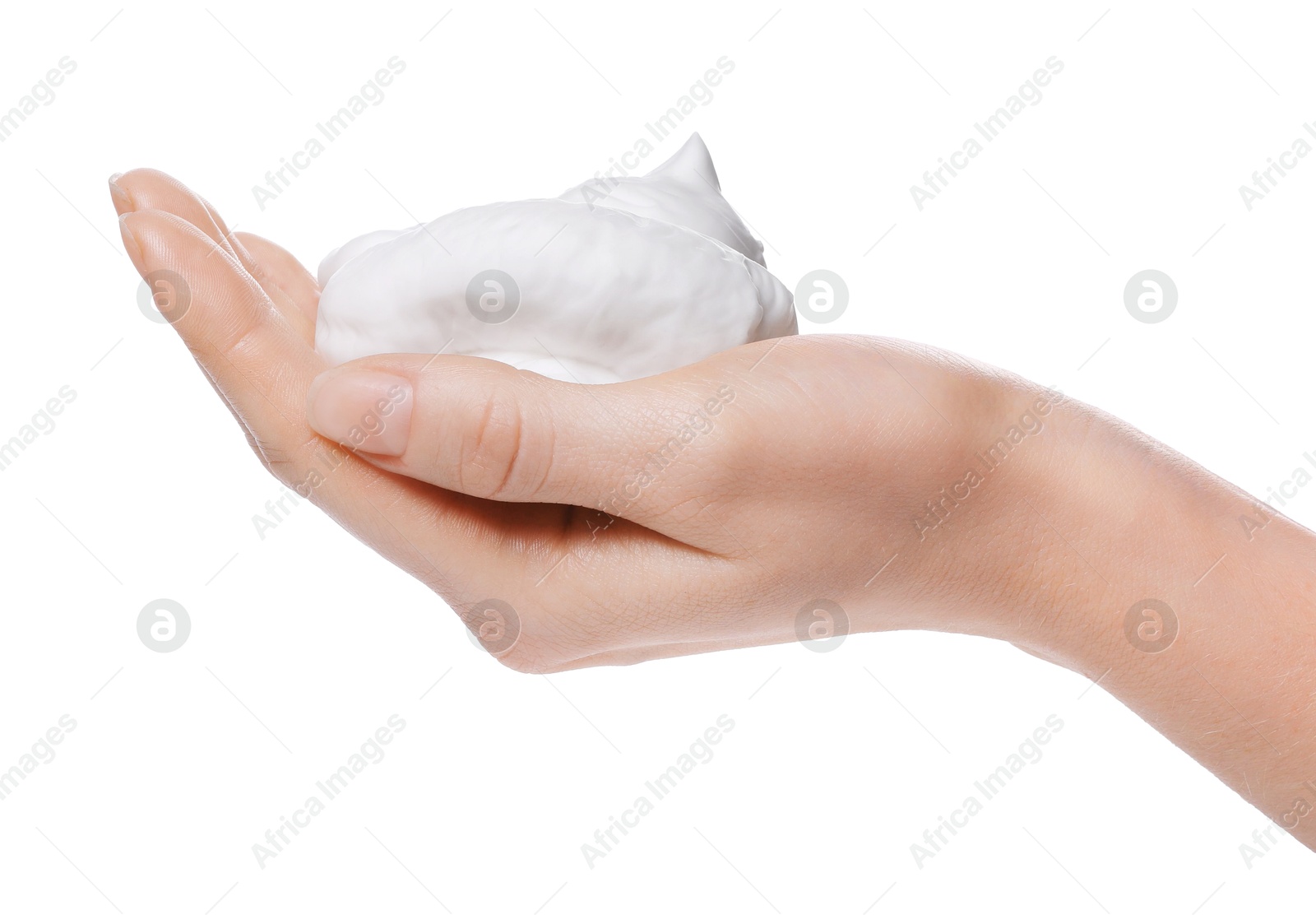 Photo of Woman with bath foam on white background, closeup