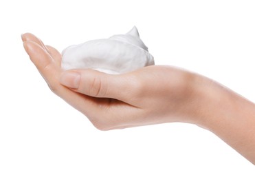 Photo of Woman with bath foam on white background, closeup