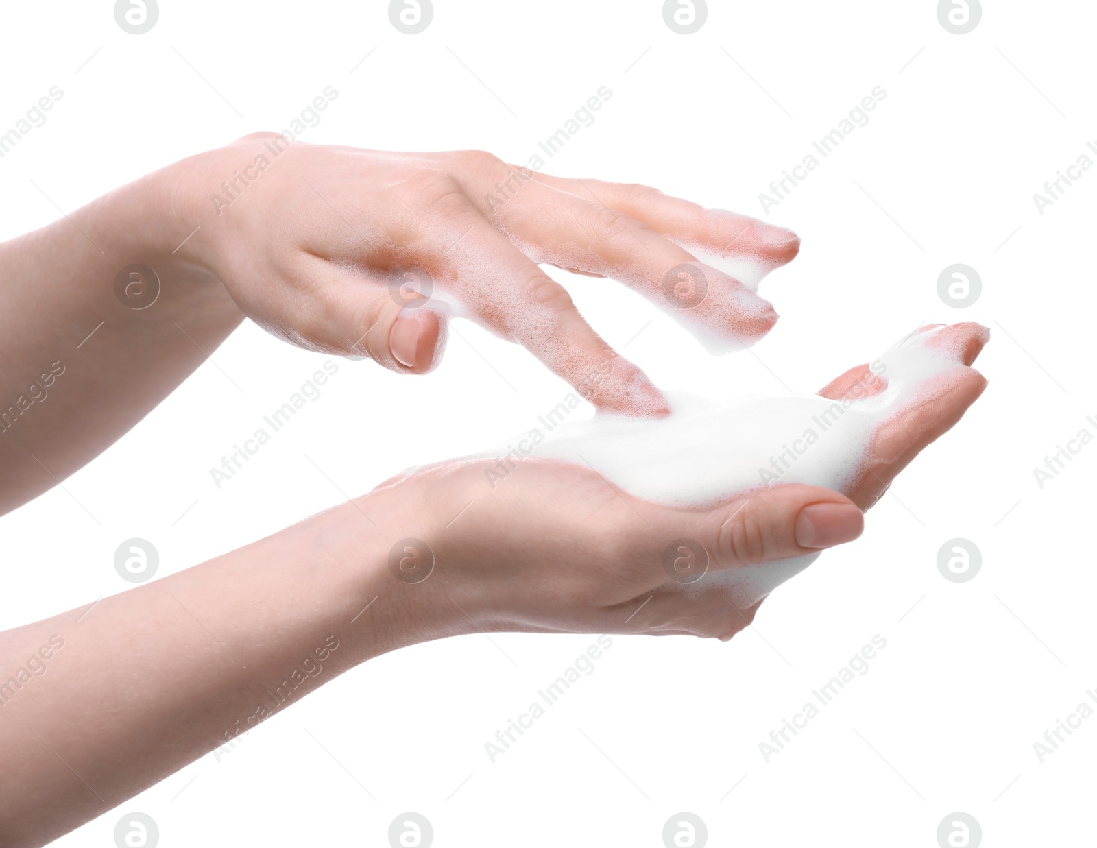 Photo of Woman with bath foam on white background, closeup