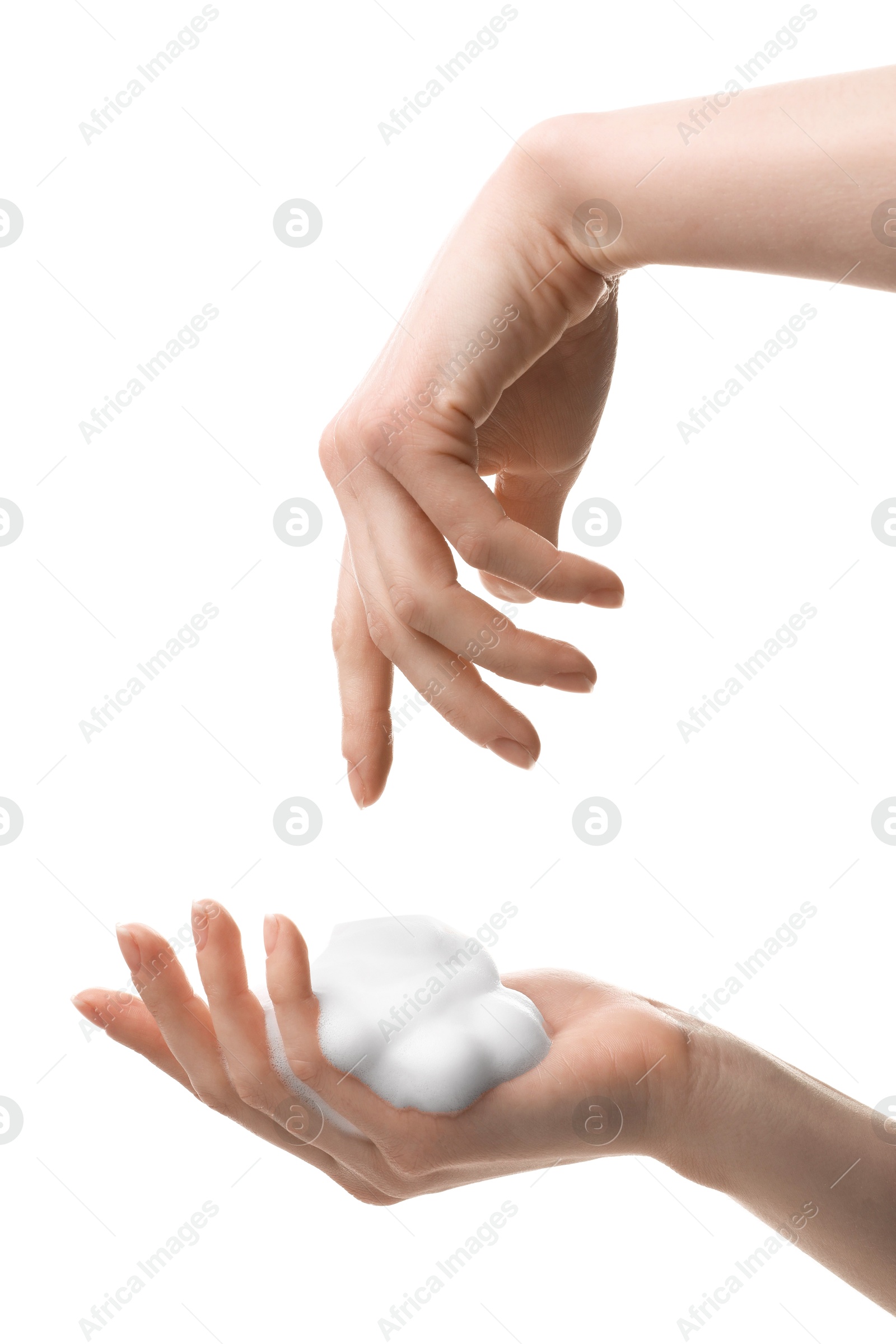 Photo of Woman with bath foam on white background, closeup