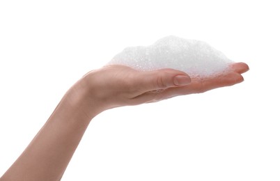 Photo of Woman with bath foam on white background, closeup