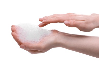 Photo of Woman with bath foam on white background, closeup