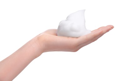 Photo of Woman with bath foam on white background, closeup