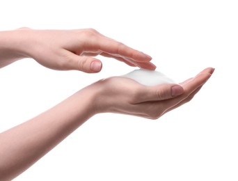 Photo of Woman with bath foam on white background, closeup