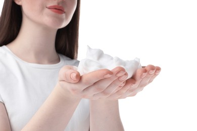 Photo of Woman with bath foam on white background, closeup